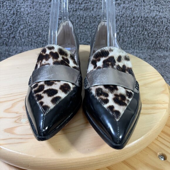 Boden Shoes Patent Leather Loafer Womens Size 8.5 Real Animal Hair Leopard Print - Picture 2 of 7